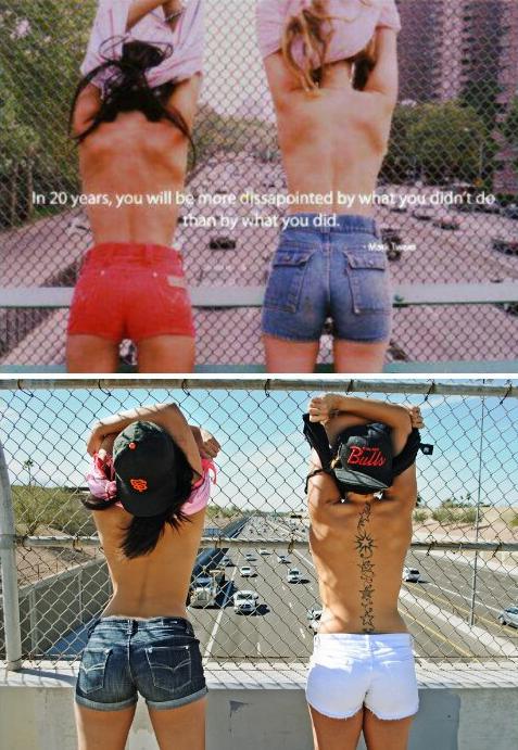 two girls flashing on a overpass