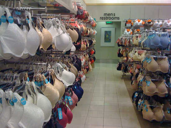 A mans walk to a public restroom